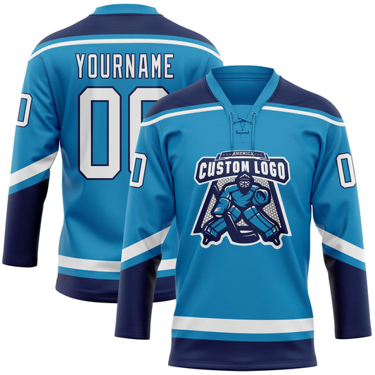 Custom Panther Blue White-Navy Hockey Lace Neck Jersey - Sky-Custom