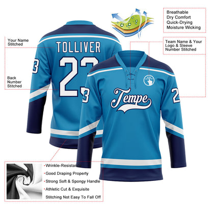 Custom Panther Blue White-Navy Hockey Lace Neck Jersey - Sky-Custom
