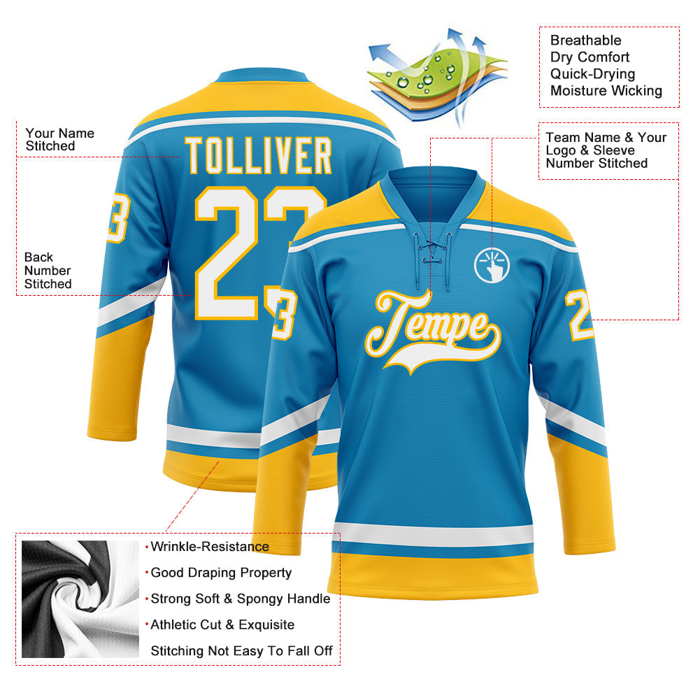 Custom Panther Blue White-Gold Hockey Lace Neck Jersey - Sky-Custom
