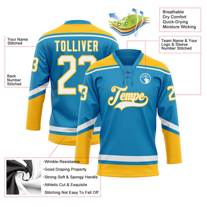 Custom Panther Blue White-Gold Hockey Lace Neck Jersey - Sky-Custom