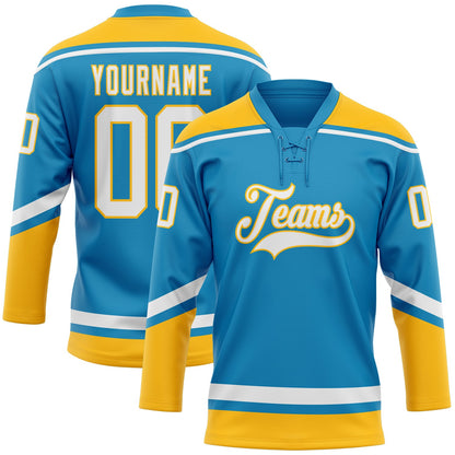 Custom Panther Blue White-Gold Hockey Lace Neck Jersey - Sky-Custom
