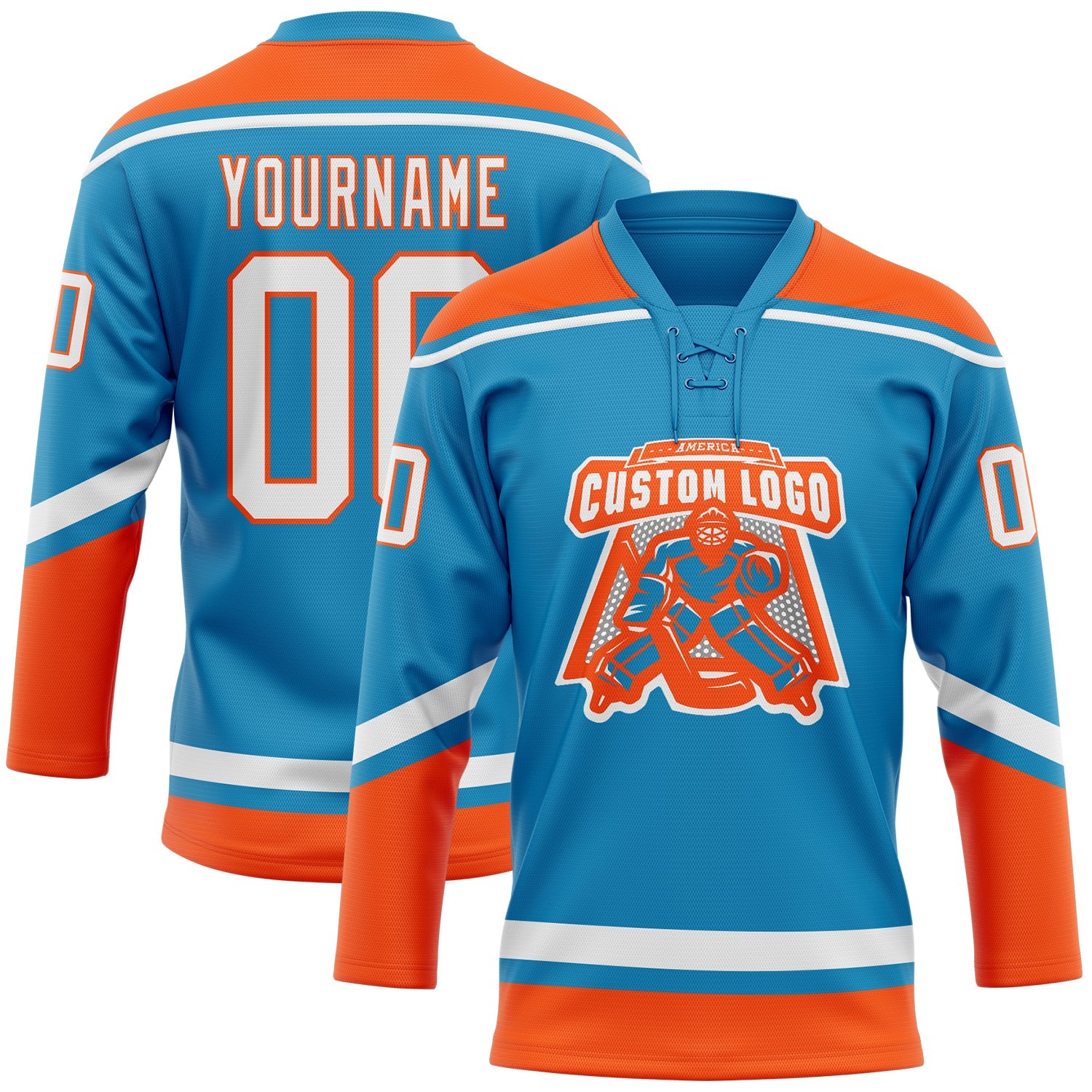 Custom Panther Blue White-Orange Hockey Lace Neck Jersey - Sky-Custom