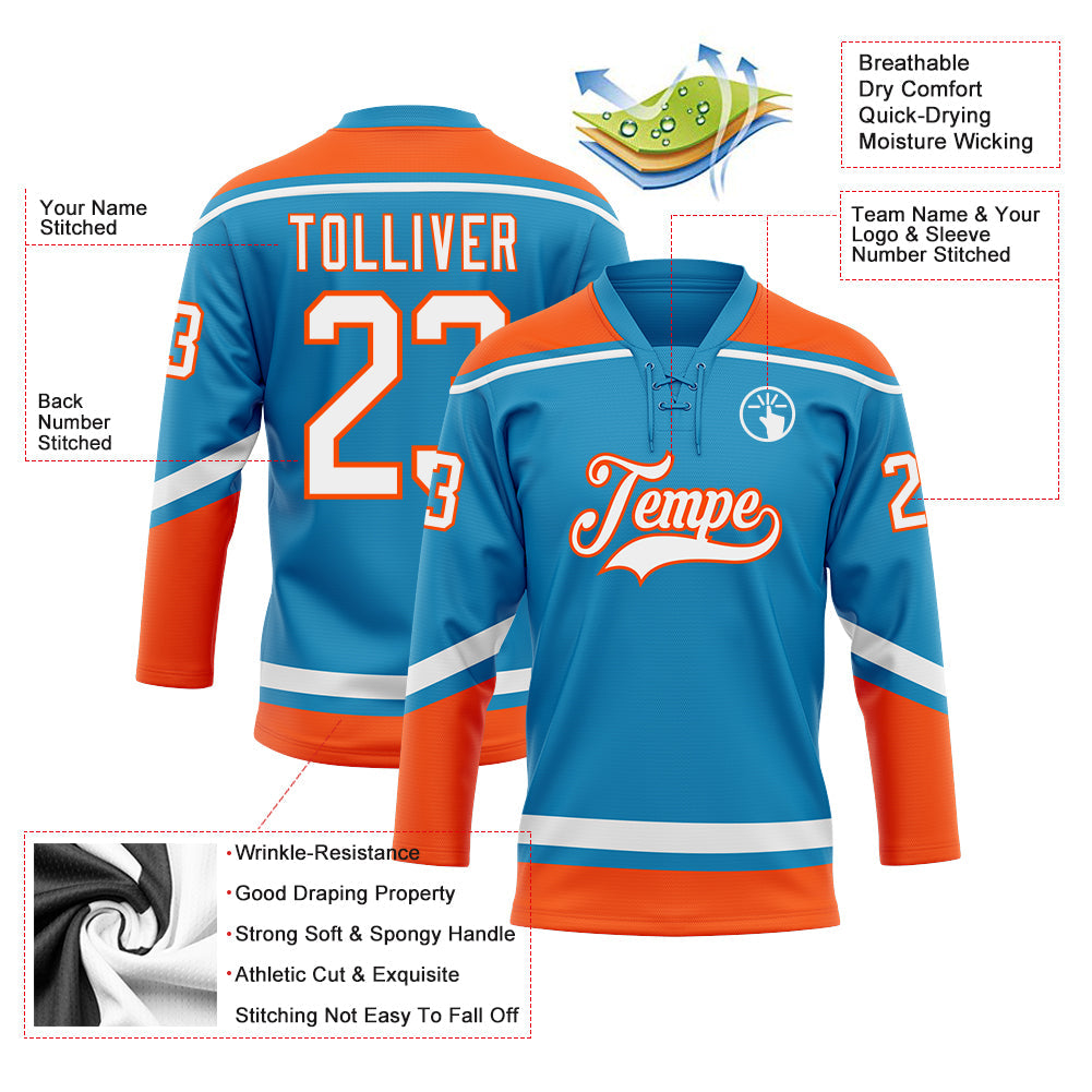 Custom Panther Blue White-Orange Hockey Lace Neck Jersey - Sky-Custom