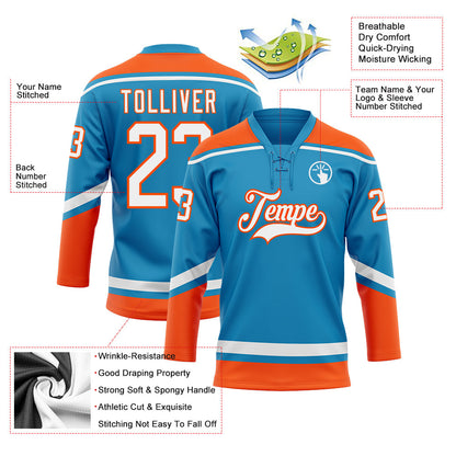 Custom Panther Blue White-Orange Hockey Lace Neck Jersey - Sky-Custom
