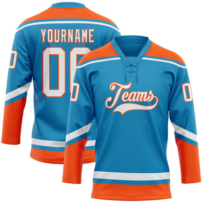 Custom Panther Blue White-Orange Hockey Lace Neck Jersey - Sky-Custom