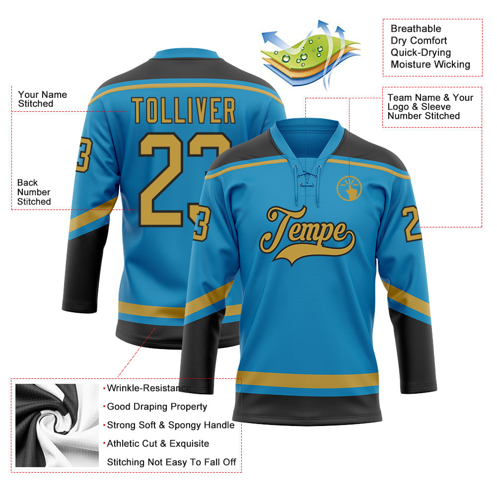 Custom Panther Blue Old Gold-Black Hockey Lace Neck Jersey - Sky-Custom