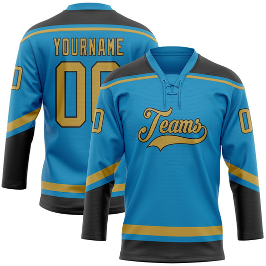 Custom Panther Blue Old Gold-Black Hockey Lace Neck Jersey - Sky-Custom
