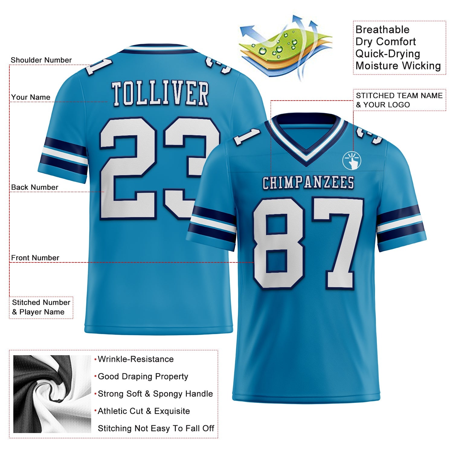 Custom Panther Blue White-Navy Mesh Authentic Football Jersey - Sky-Custom