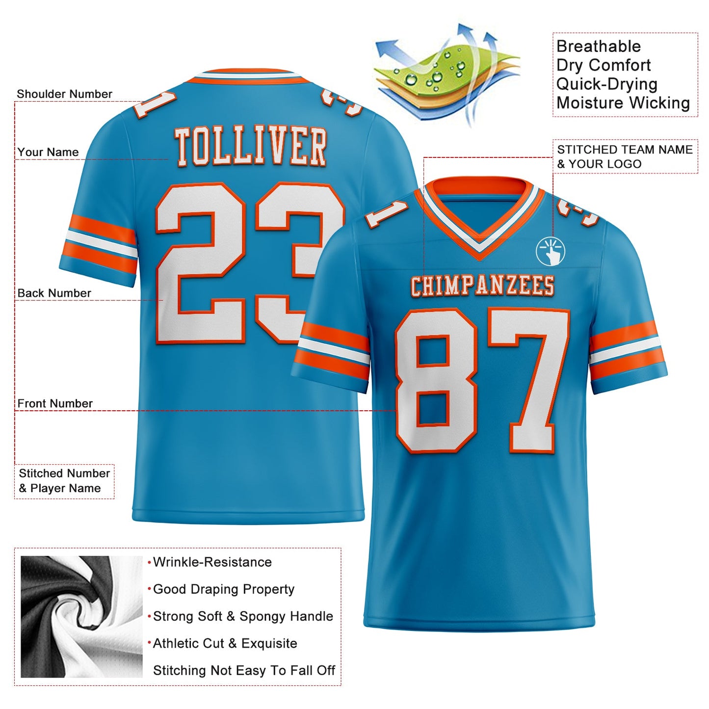 Custom Panther Blue White-Orange Mesh Authentic Football Jersey - Sky-Custom