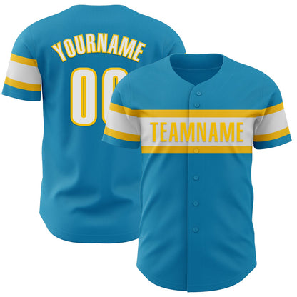Custom Panther Blue White-Yellow Authentic Baseball Jersey - Sky-Custom