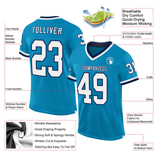 Custom Panther Blue White=Navy Mesh Authentic Throwback Football Jersey - Sky-Custom