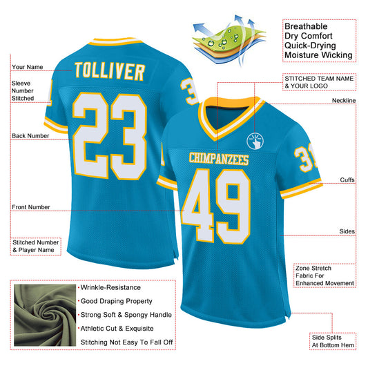 Custom Panther Blue White-Gold Mesh Authentic Throwback Football Jersey - Sky-Custom