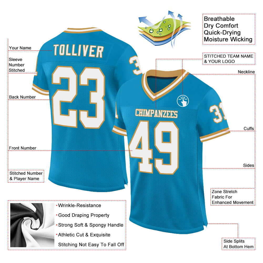 Custom Panther Blue White-Old Gold Mesh Authentic Throwback Football Jersey - Sky-Custom