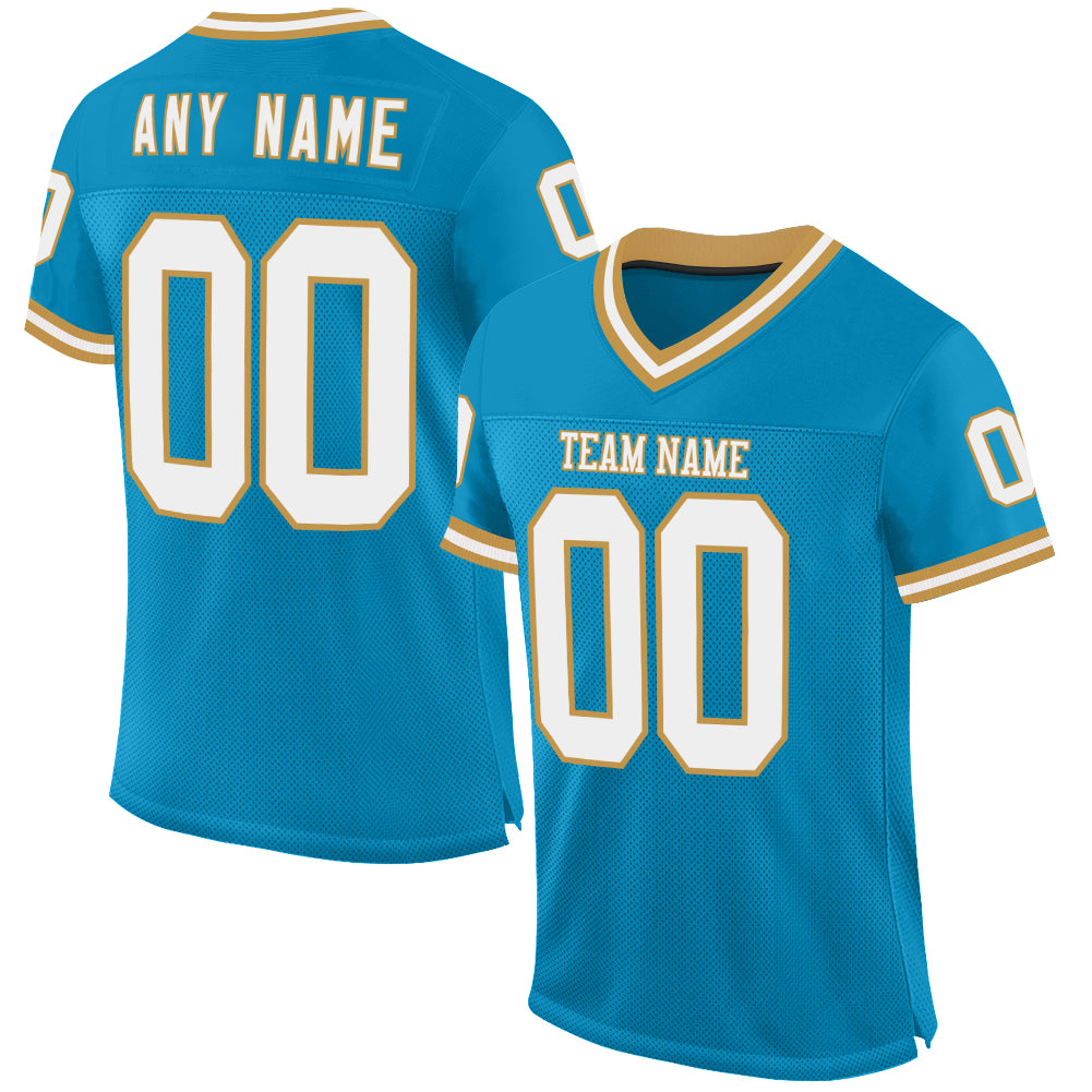 Custom Panther Blue White-Old Gold Mesh Authentic Throwback Football Jersey - Sky-Custom