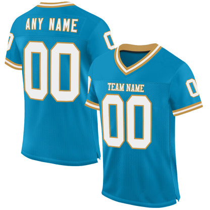 Custom Panther Blue White-Old Gold Mesh Authentic Throwback Football Jersey - Sky-Custom