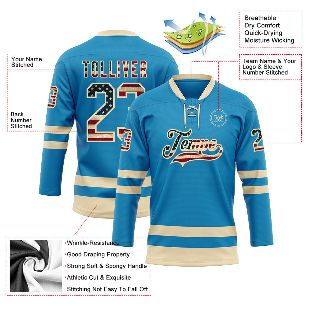 Custom Panther Blue Vintage USA Flag-Cream Hockey Lace Neck Jersey - Sky-Custom