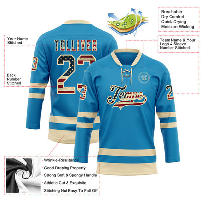 Custom Panther Blue Vintage USA Flag-Cream Hockey Lace Neck Jersey - Sky-Custom