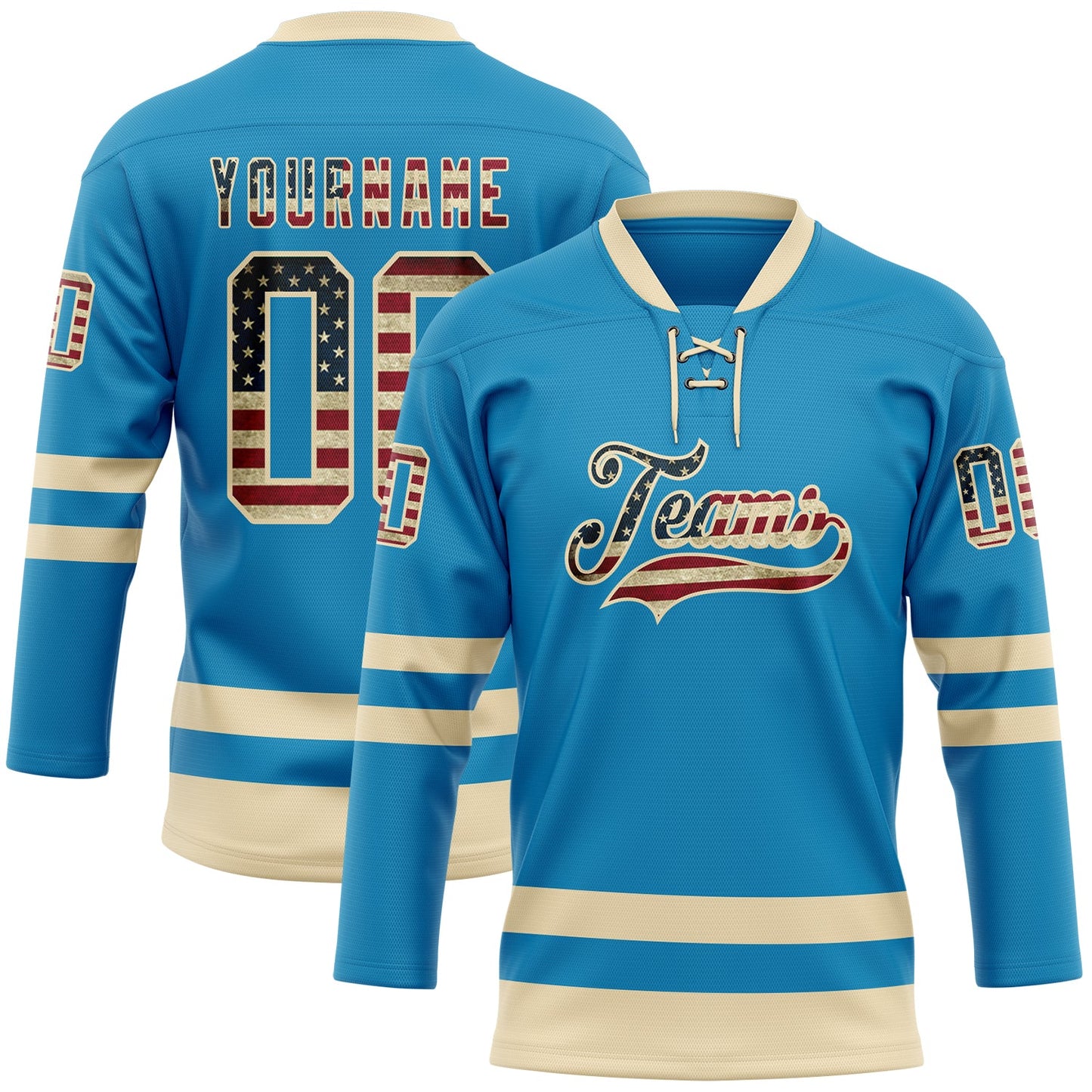 Custom Panther Blue Vintage USA Flag-Cream Hockey Lace Neck Jersey - Sky-Custom