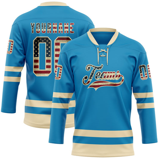 Custom Panther Blue Vintage USA Flag-Cream Hockey Lace Neck Jersey - Sky-Custom