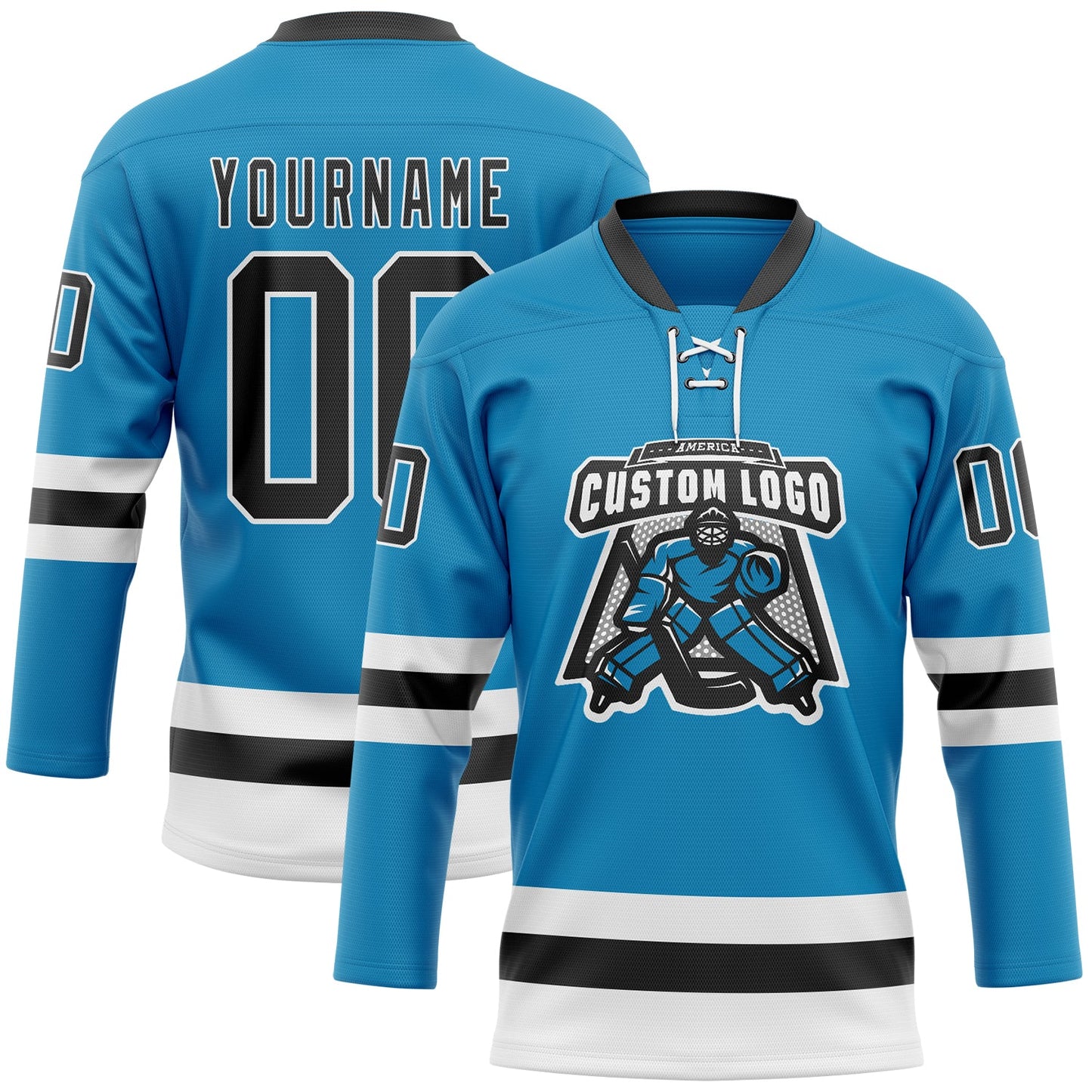 Custom Panther Blue Black-White Hockey Lace Neck Jersey - Sky-Custom
