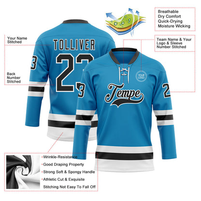 Custom Panther Blue Black-White Hockey Lace Neck Jersey - Sky-Custom