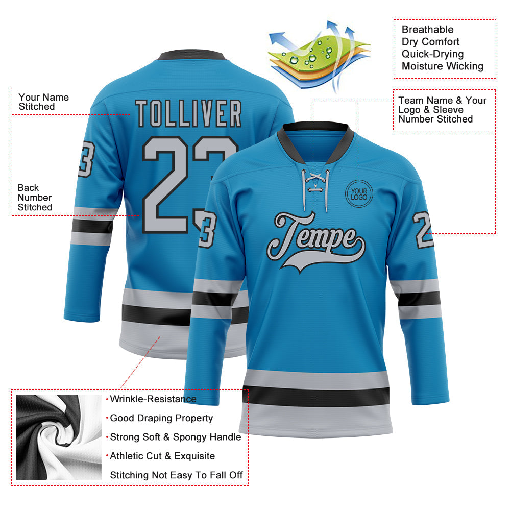 Custom Panther Blue Gray-Black Hockey Lace Neck Jersey - Sky-Custom