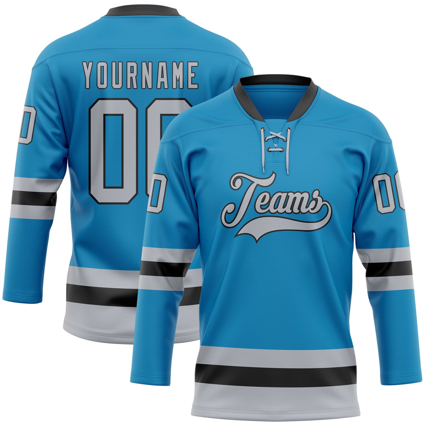 Custom Panther Blue Gray-Black Hockey Lace Neck Jersey - Sky-Custom