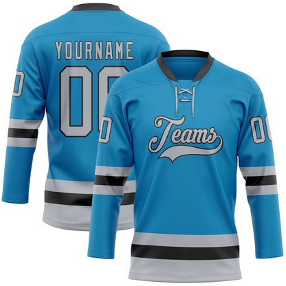 Custom Panther Blue Gray-Black Hockey Lace Neck Jersey - Sky-Custom