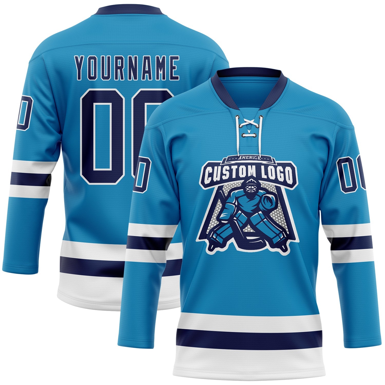 Custom Panther Blue Navy-White Hockey Lace Neck Jersey - Sky-Custom