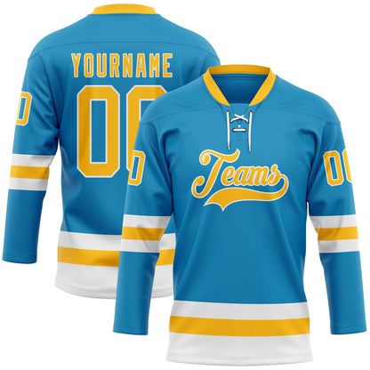 Custom Panther Blue Gold-White Hockey Lace Neck Jersey - Sky-Custom
