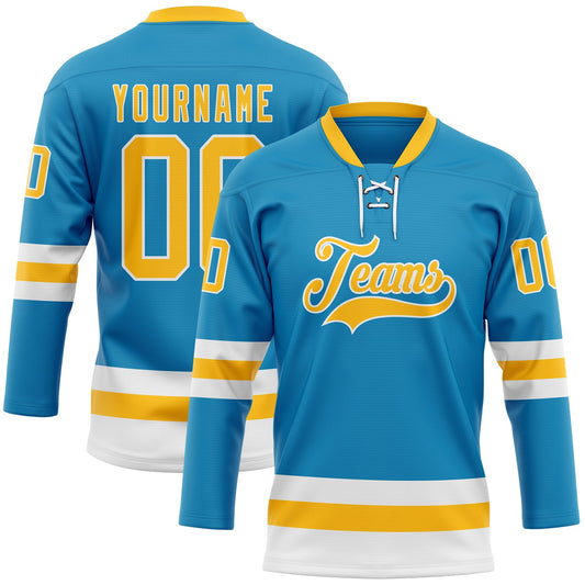 Custom Panther Blue Gold-White Hockey Lace Neck Jersey - Sky-Custom