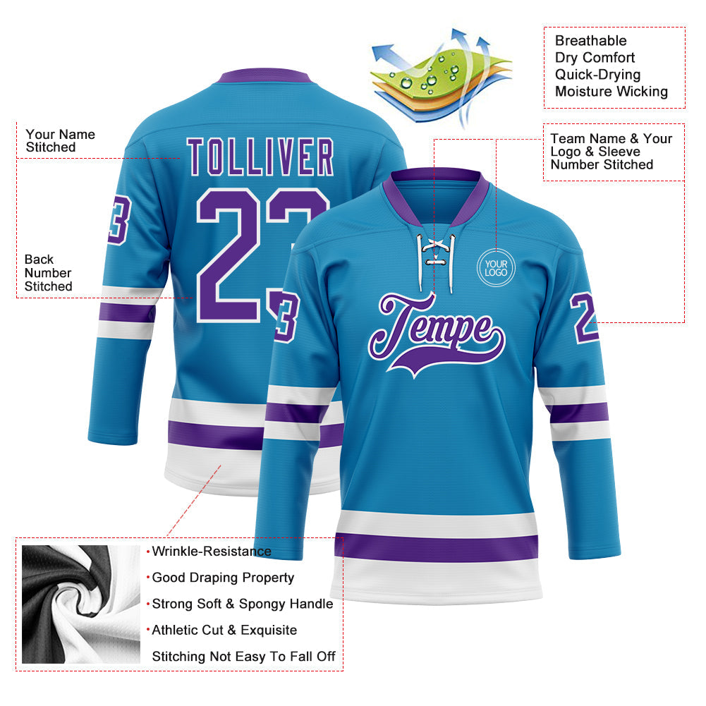 Custom Panther Blue Purple-White Hockey Lace Neck Jersey - Sky-Custom