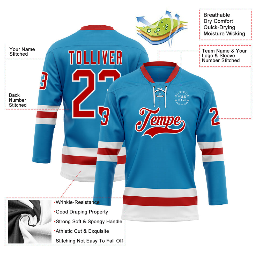Custom Panther Blue Red-White Hockey Lace Neck Jersey - Sky-Custom