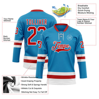 Custom Panther Blue Red-White Hockey Lace Neck Jersey - Sky-Custom