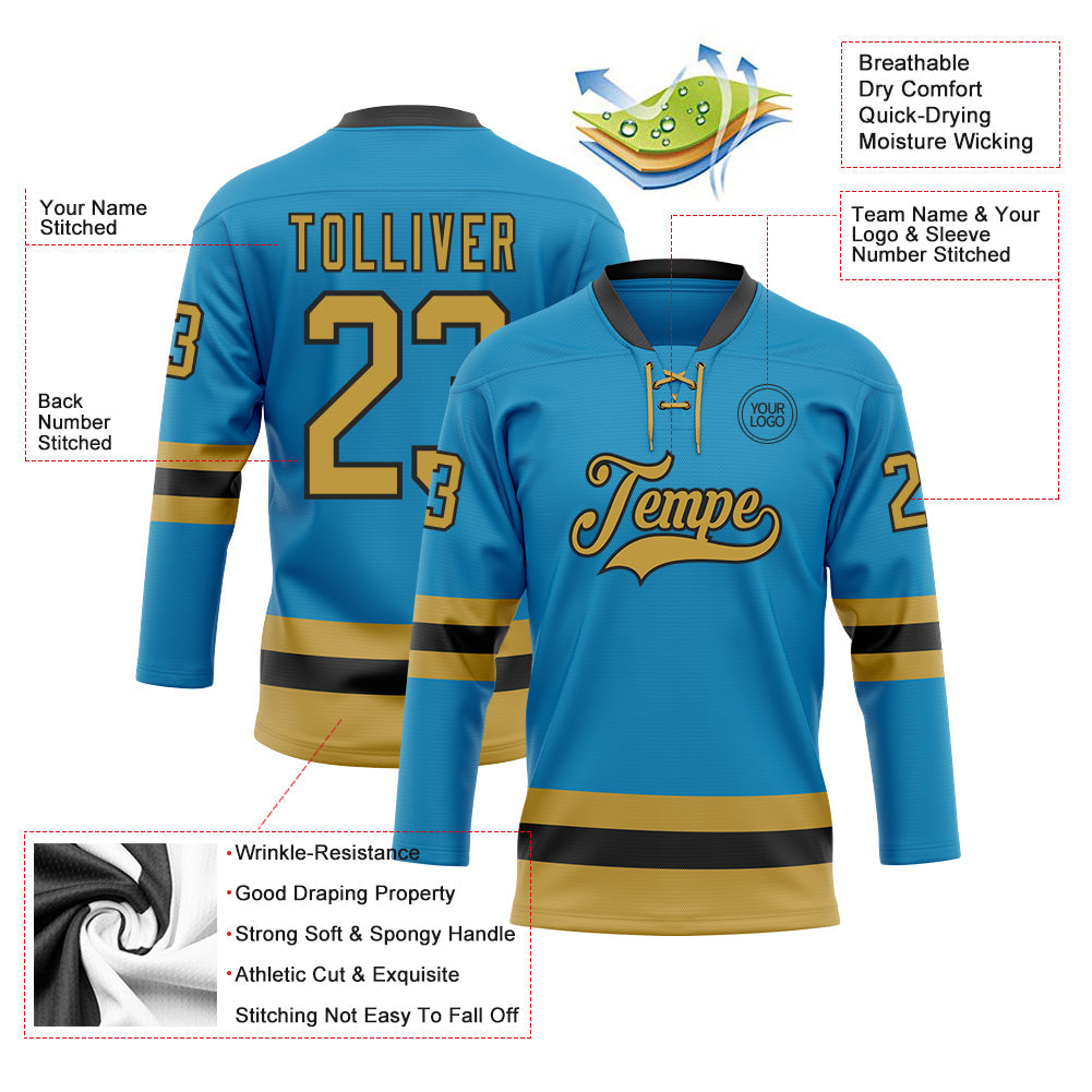 Custom Panther Blue Old Gold-Black Hockey Lace Neck Jersey - Sky-Custom