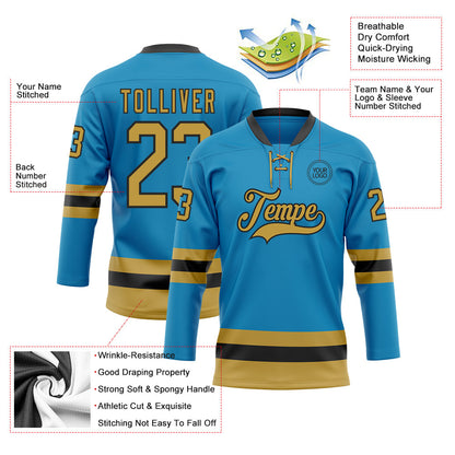 Custom Panther Blue Old Gold-Black Hockey Lace Neck Jersey - Sky-Custom