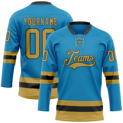 Custom Panther Blue Old Gold-Black Hockey Lace Neck Jersey - Sky-Custom