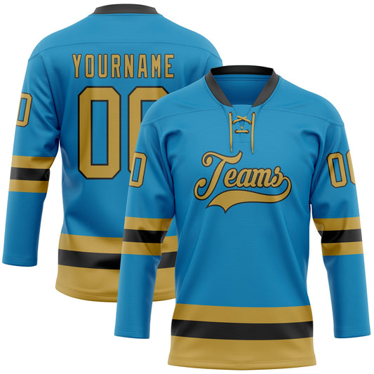 Custom Panther Blue Old Gold-Black Hockey Lace Neck Jersey - Sky-Custom