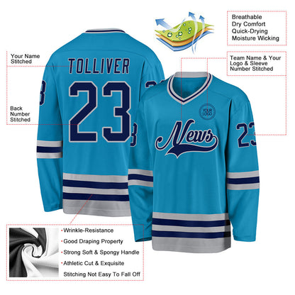 Custom Panther Blue Navy-Gray Hockey Jersey - Sky-Custom