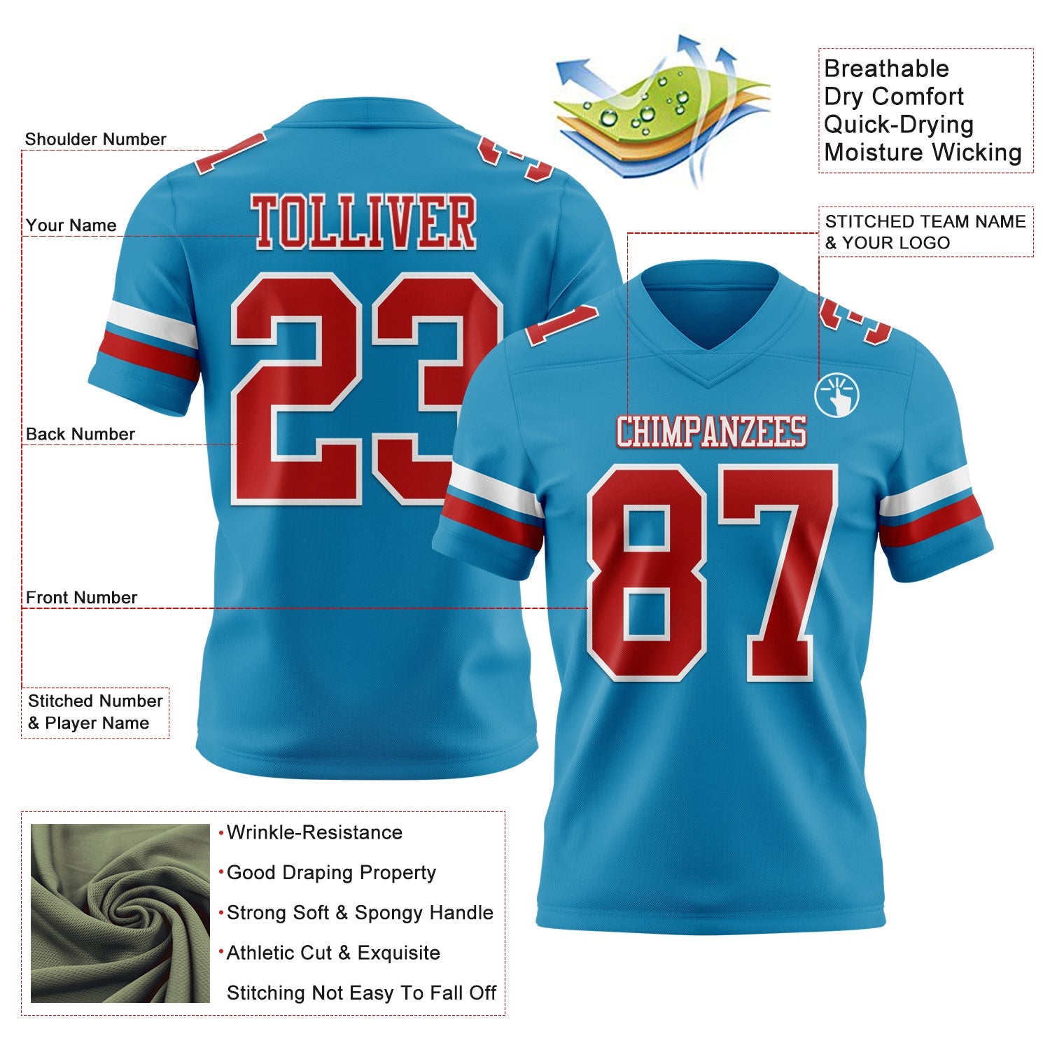 Custom Panther Blue Red-White Mesh Authentic Football Jersey - Sky-Custom