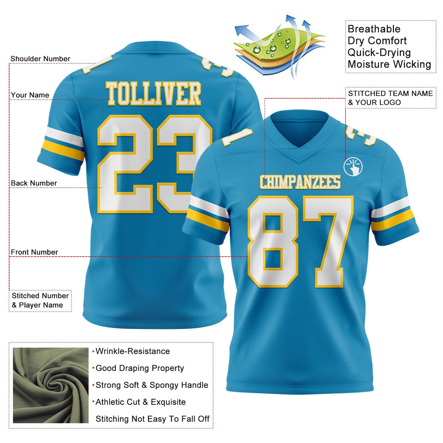 Custom Panther Blue White-Yellow Mesh Authentic Football Jersey - Sky-Custom