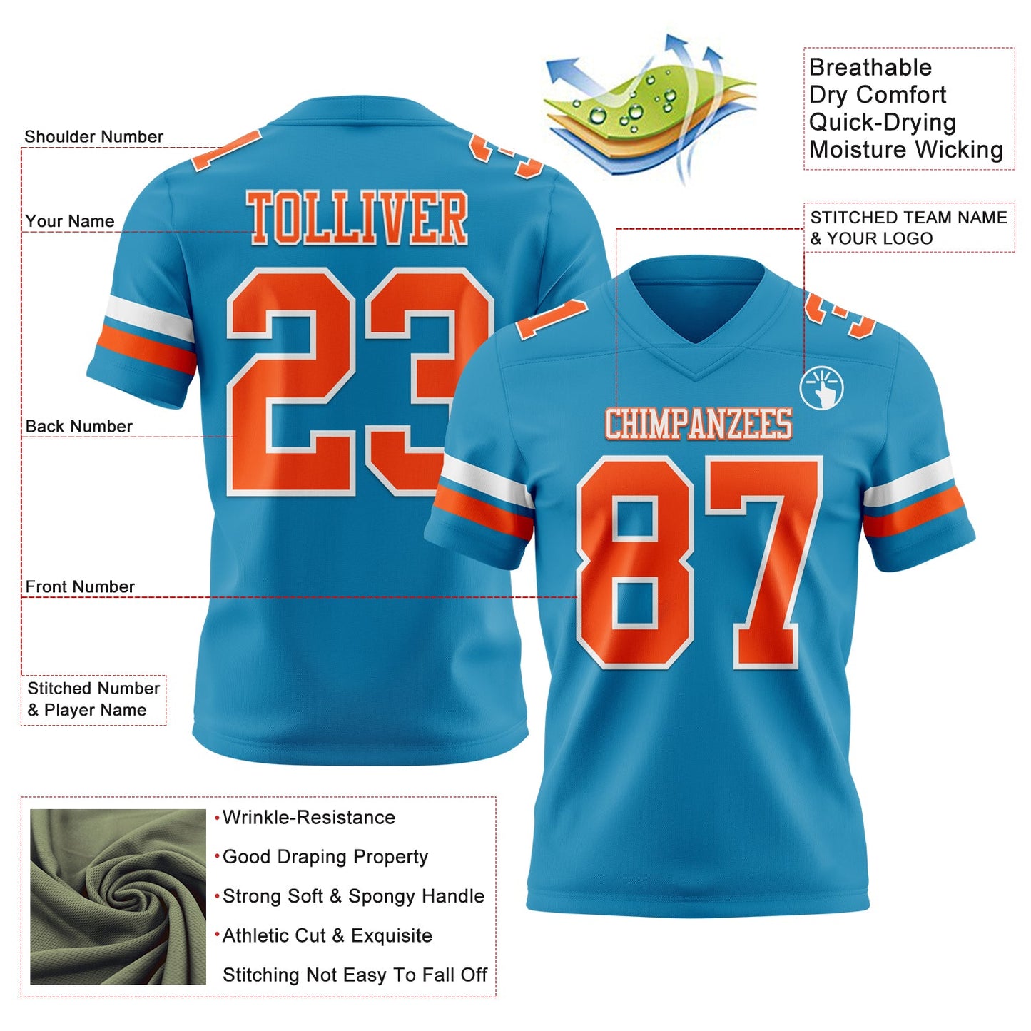 Custom Panther Blue Orange-White Mesh Authentic Football Jersey - Sky-Custom