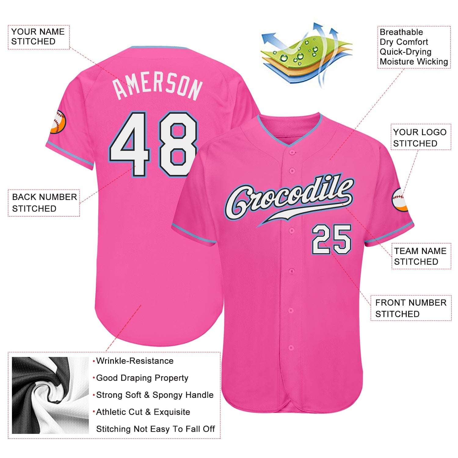 Custom Pink White-Light Blue Authentic Baseball Jersey - Sky-Custom