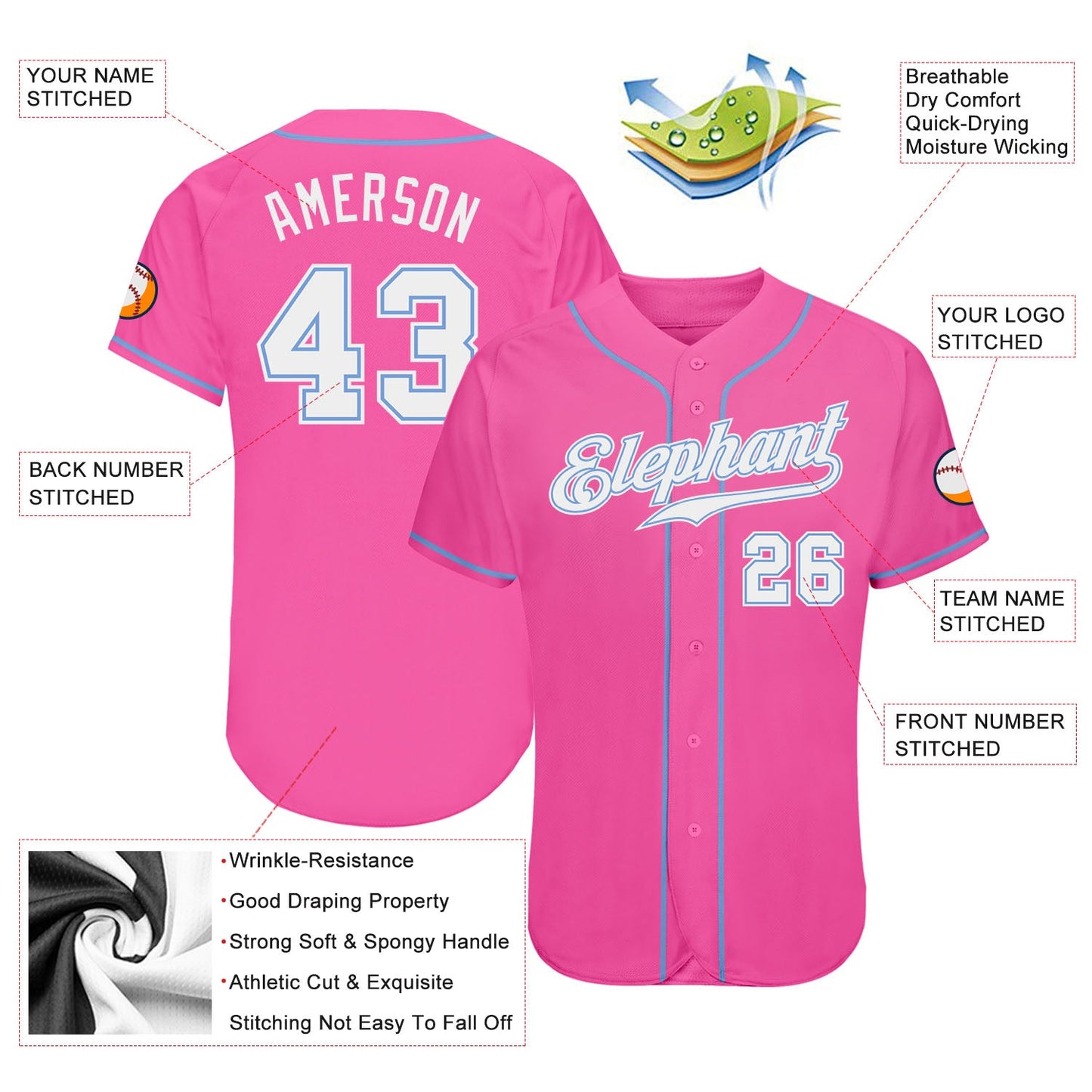 Custom Pink White-Light Blue Authentic Baseball Jersey - Sky-Custom