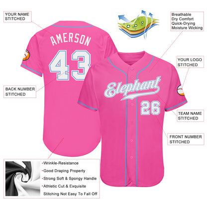 Custom Pink White-Light Blue Authentic Baseball Jersey - Sky-Custom