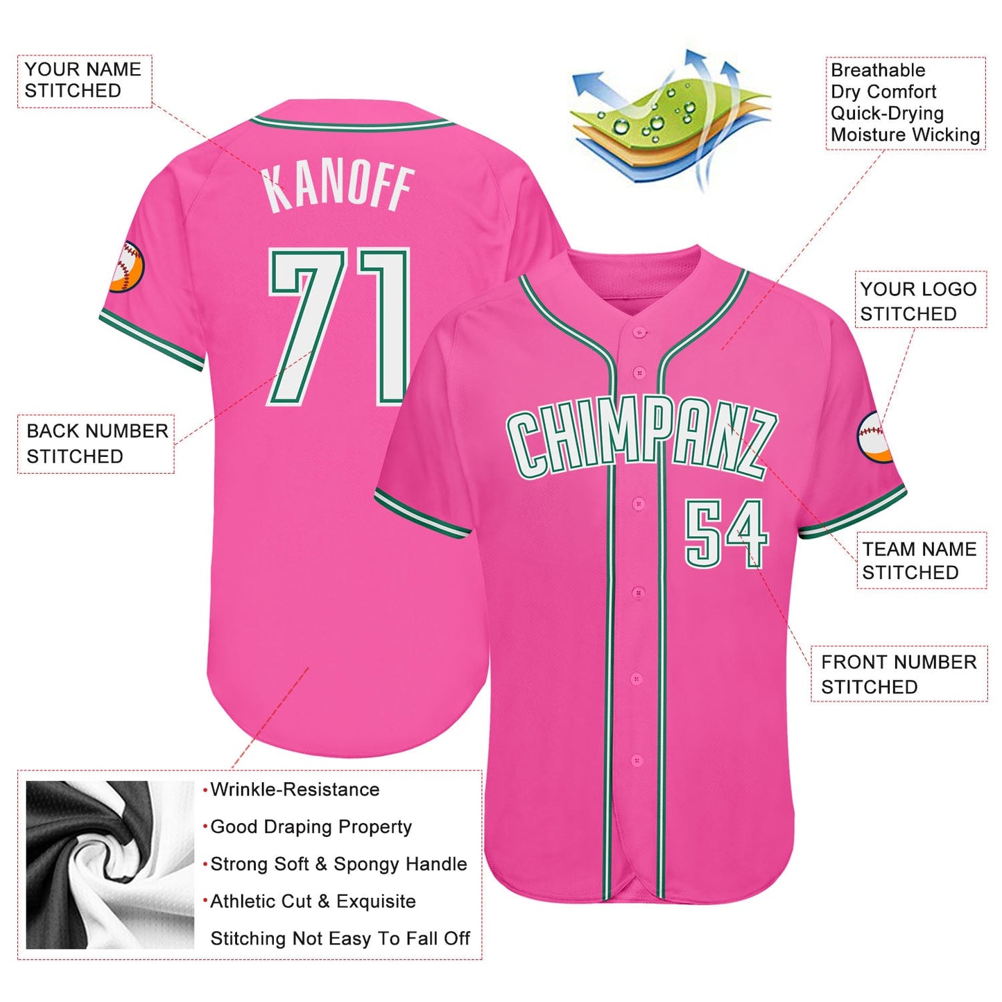 Custom Pink White-Kelly Green Authentic Baseball Jersey - Sky-Custom