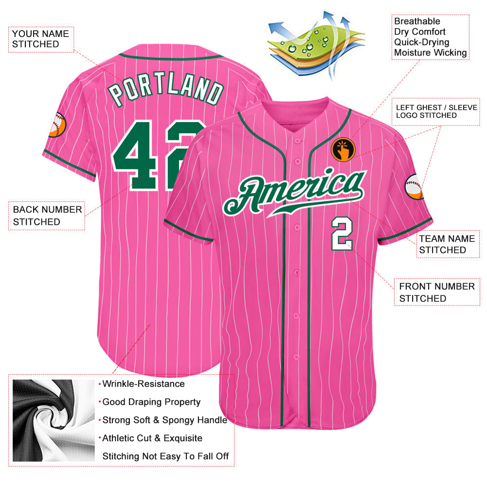 Custom Pink White Pinstripe Kelly Green-White Authentic Baseball Jersey - Sky-Custom
