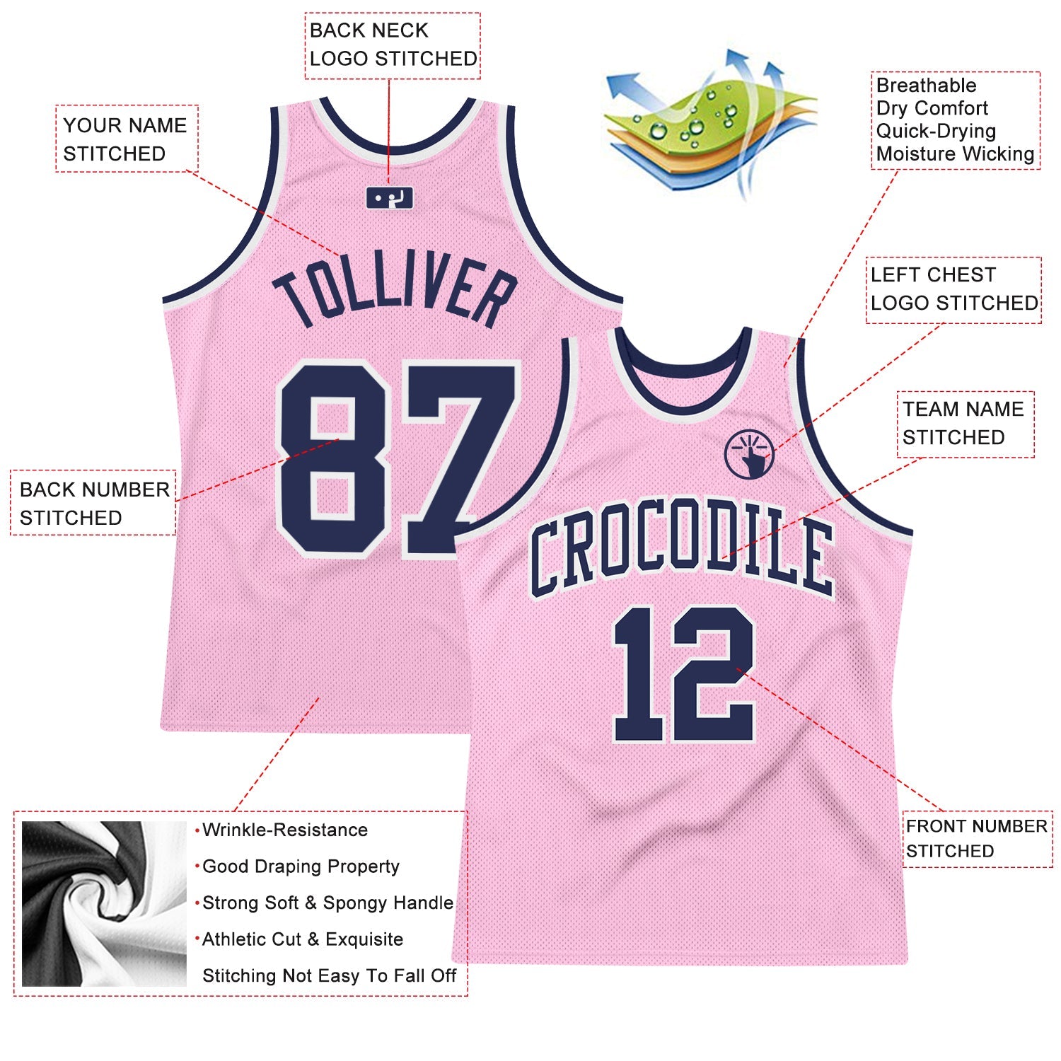 Custom Light Pink Navy-White Authentic Throwback Basketball Jersey - Sky-Custom
