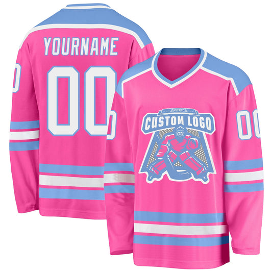 Custom Pink White-Light Blue Hockey Jersey - Sky-Custom
