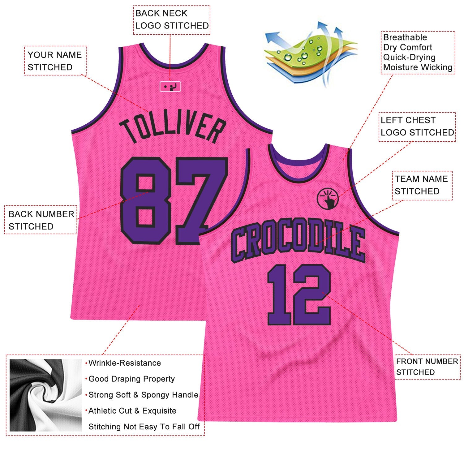 Custom Pink Purple-Black Authentic Throwback Basketball Jersey - Sky-Custom